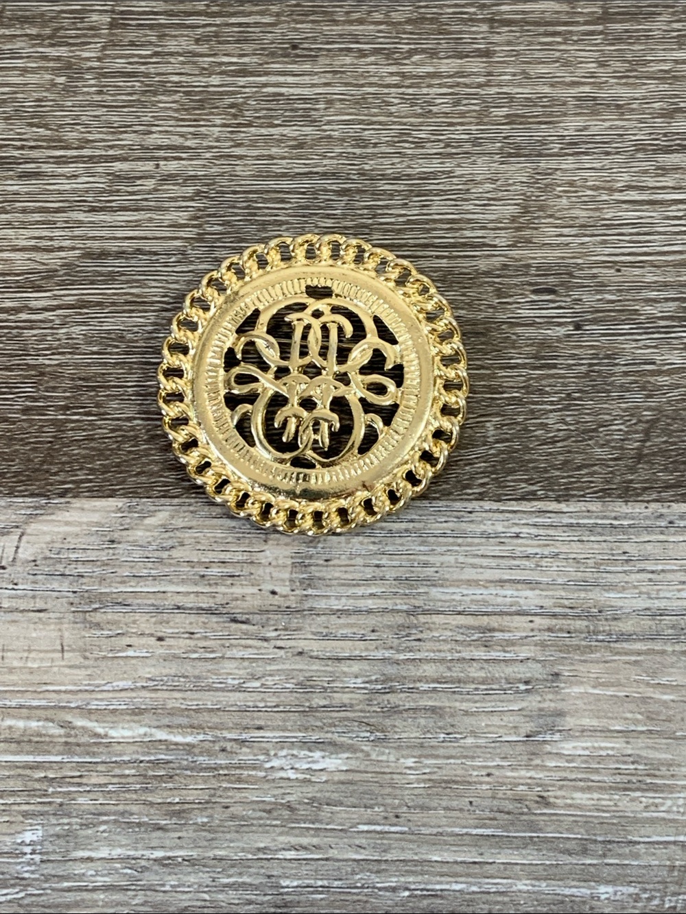 Gold Decorative Round Filigree Pin Brooch